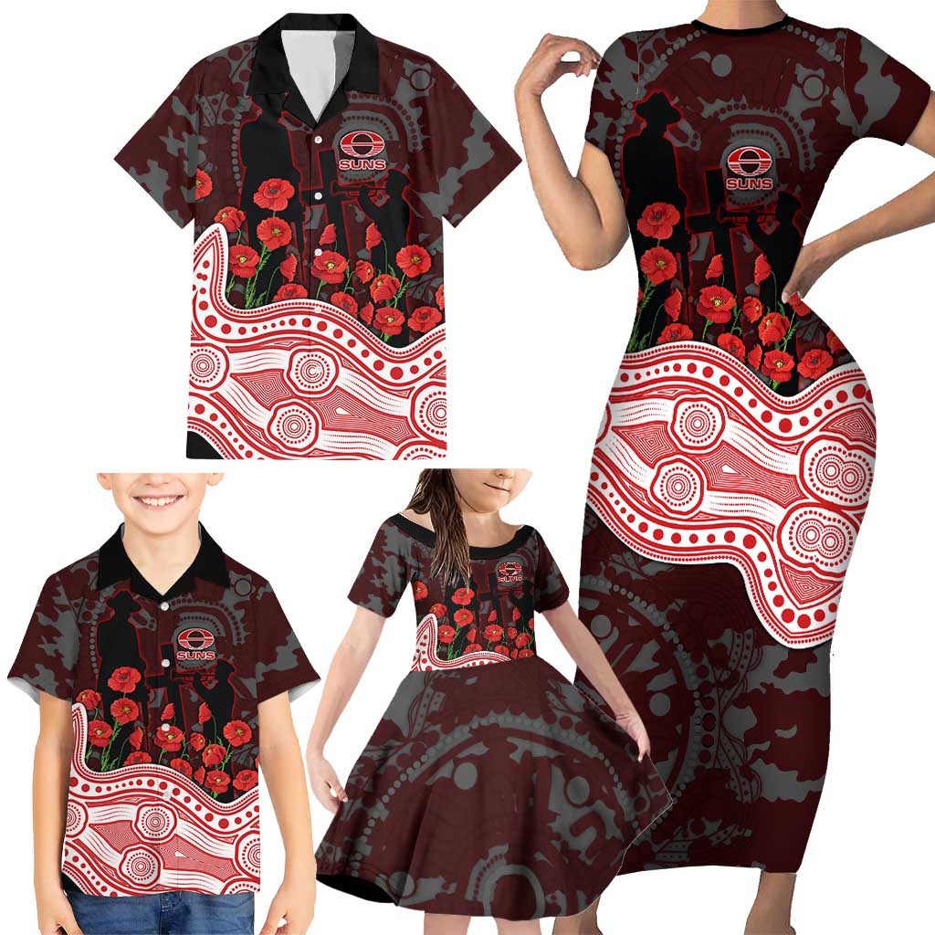 Gold Coast Suns ANZAC Day Family Matching Short Sleeve Bodycon Dress and Hawaiian Shirt Indigenous Dot Art with Poppy Flower Tribute