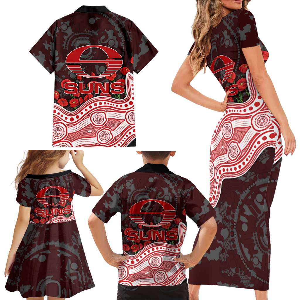 Gold Coast Suns ANZAC Day Family Matching Short Sleeve Bodycon Dress and Hawaiian Shirt Indigenous Dot Art with Poppy Flower Tribute