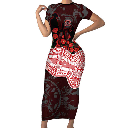 Gold Coast Suns ANZAC Day Family Matching Short Sleeve Bodycon Dress and Hawaiian Shirt Indigenous Dot Art with Poppy Flower Tribute