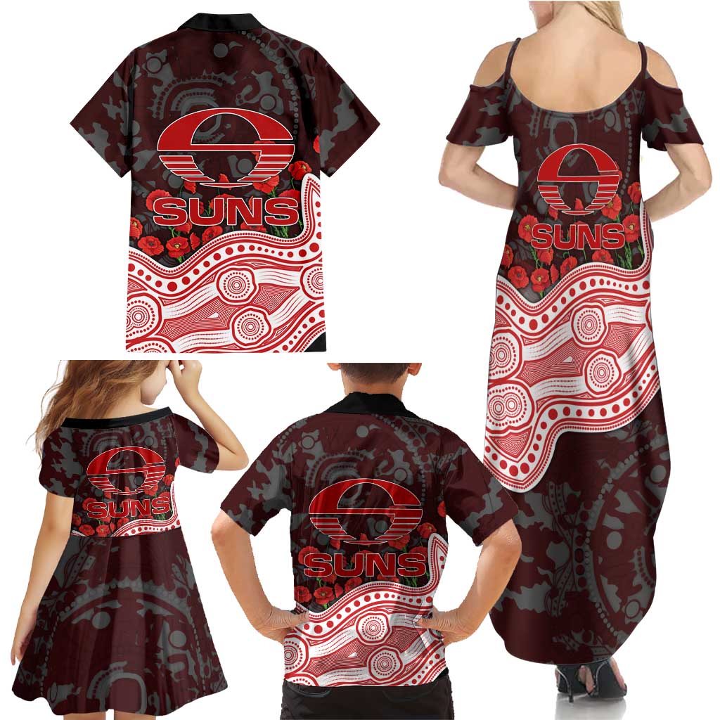 Gold Coast Suns ANZAC Day Family Matching Summer Maxi Dress and Hawaiian Shirt Indigenous Dot Art with Poppy Flower Tribute