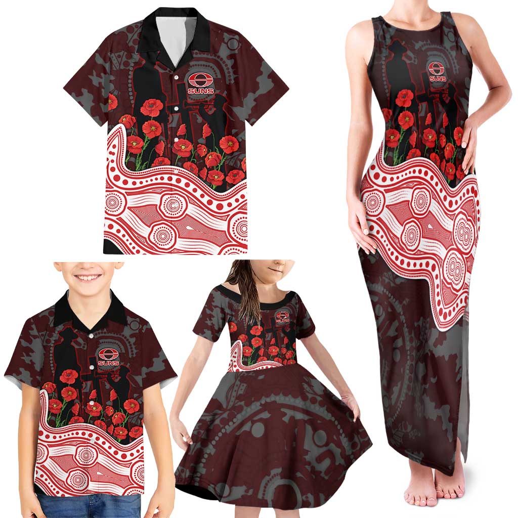 Gold Coast Suns ANZAC Day Family Matching Tank Maxi Dress and Hawaiian Shirt Indigenous Dot Art with Poppy Flower Tribute