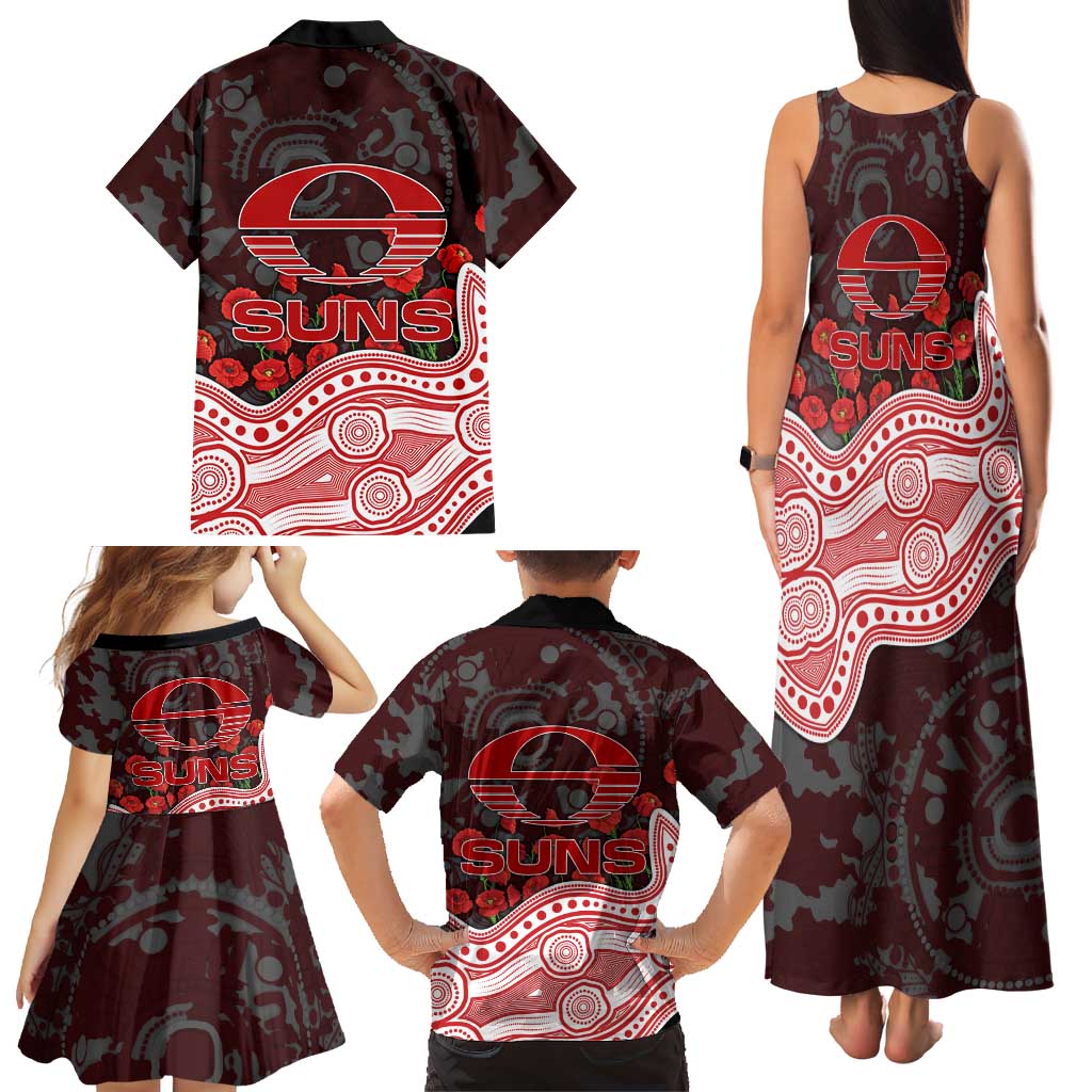 Gold Coast Suns ANZAC Day Family Matching Tank Maxi Dress and Hawaiian Shirt Indigenous Dot Art with Poppy Flower Tribute