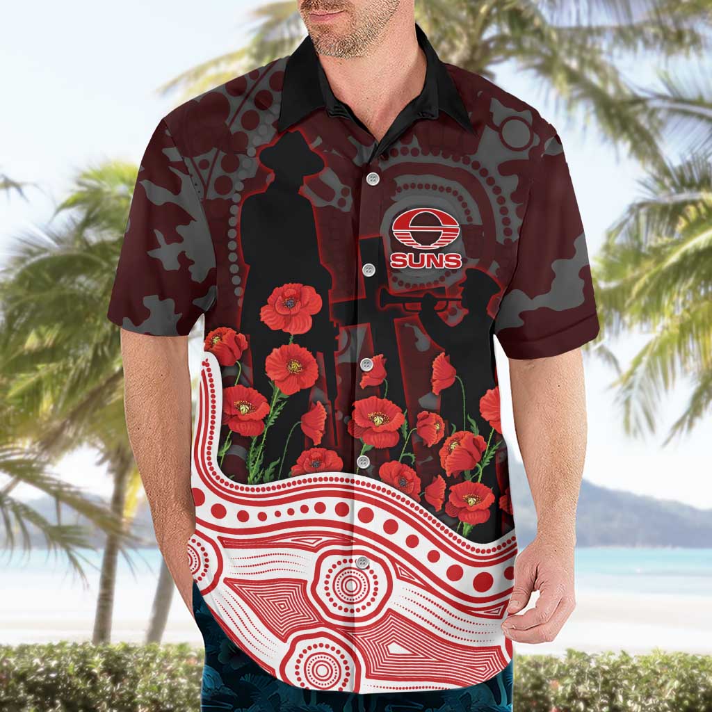 Gold Coast Suns ANZAC Day Hawaiian Shirt Indigenous Dot Art with Poppy Flower Tribute