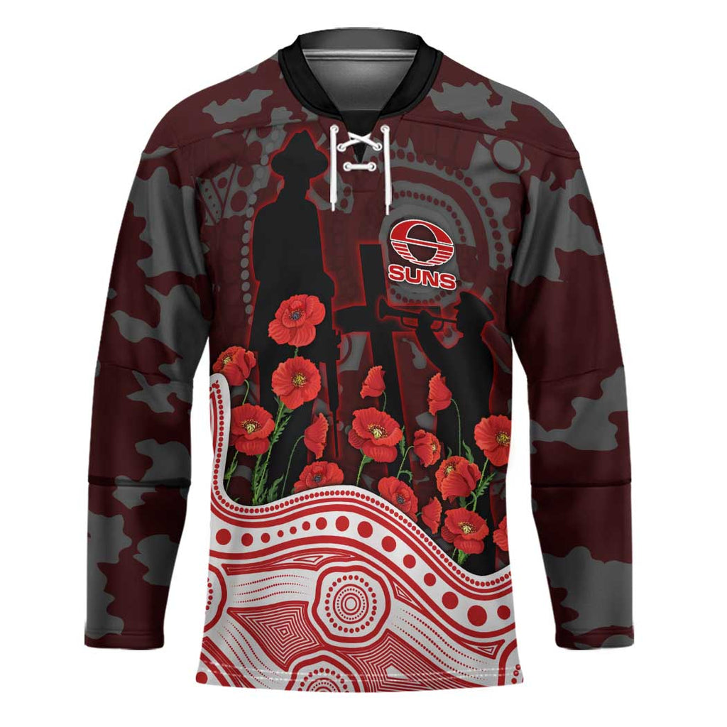Gold Coast Suns ANZAC Day Hockey Jersey Indigenous Dot Art with Poppy Flower Tribute