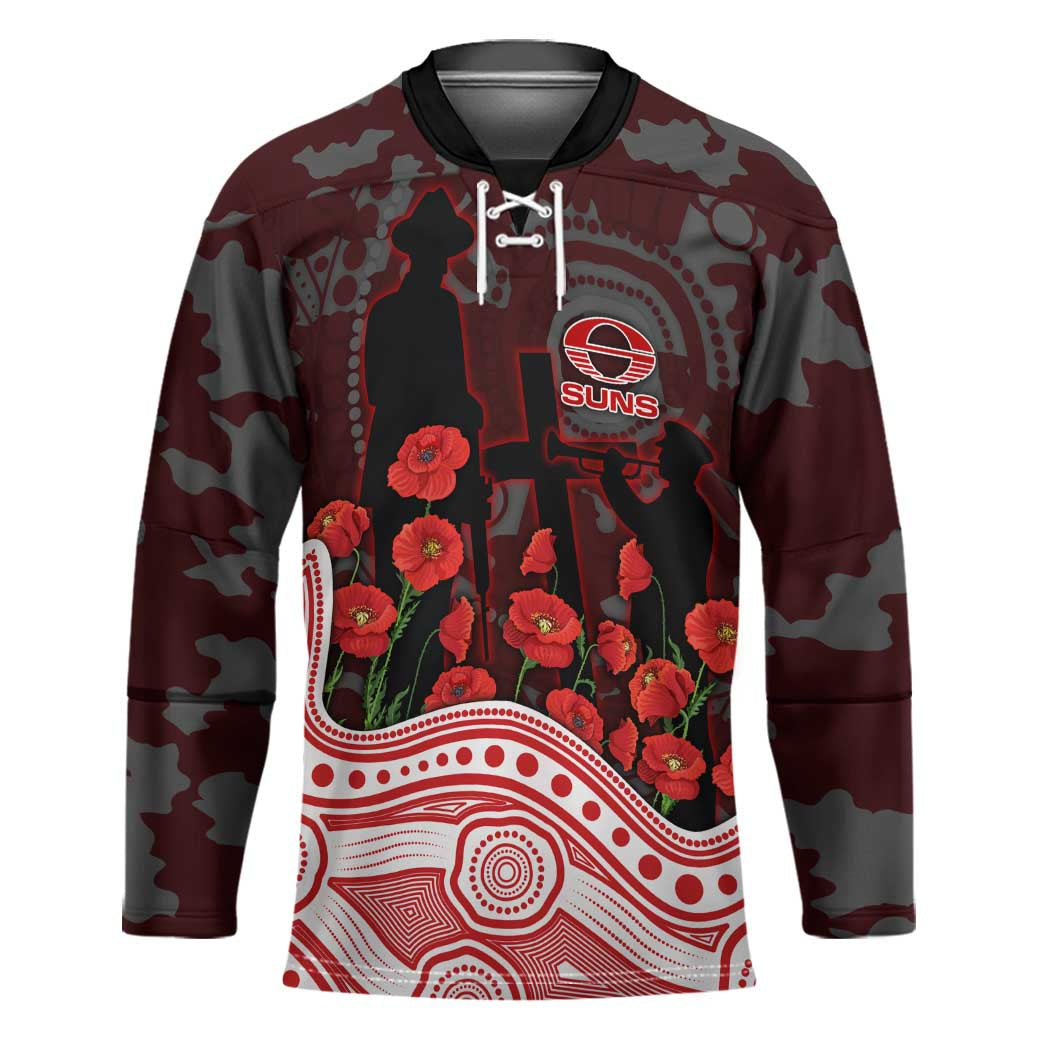 Gold Coast Suns ANZAC Day Hockey Jersey Indigenous Dot Art with Poppy Flower Tribute