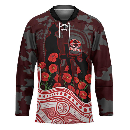 Gold Coast Suns ANZAC Day Hockey Jersey Indigenous Dot Art with Poppy Flower Tribute