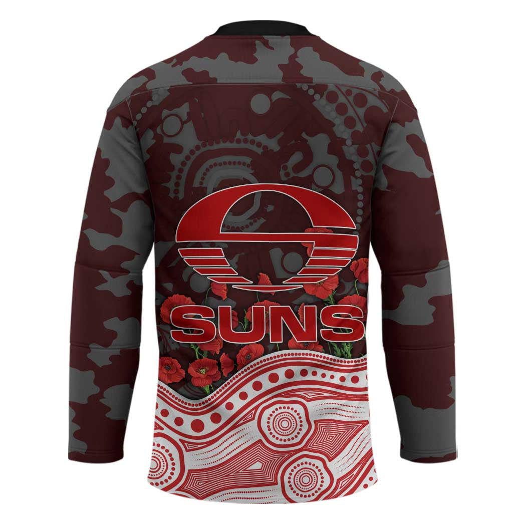 Gold Coast Suns ANZAC Day Hockey Jersey Indigenous Dot Art with Poppy Flower Tribute