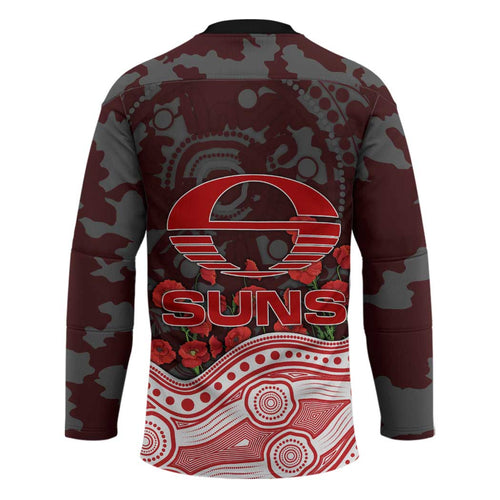 Gold Coast Suns ANZAC Day Hockey Jersey Indigenous Dot Art with Poppy Flower Tribute