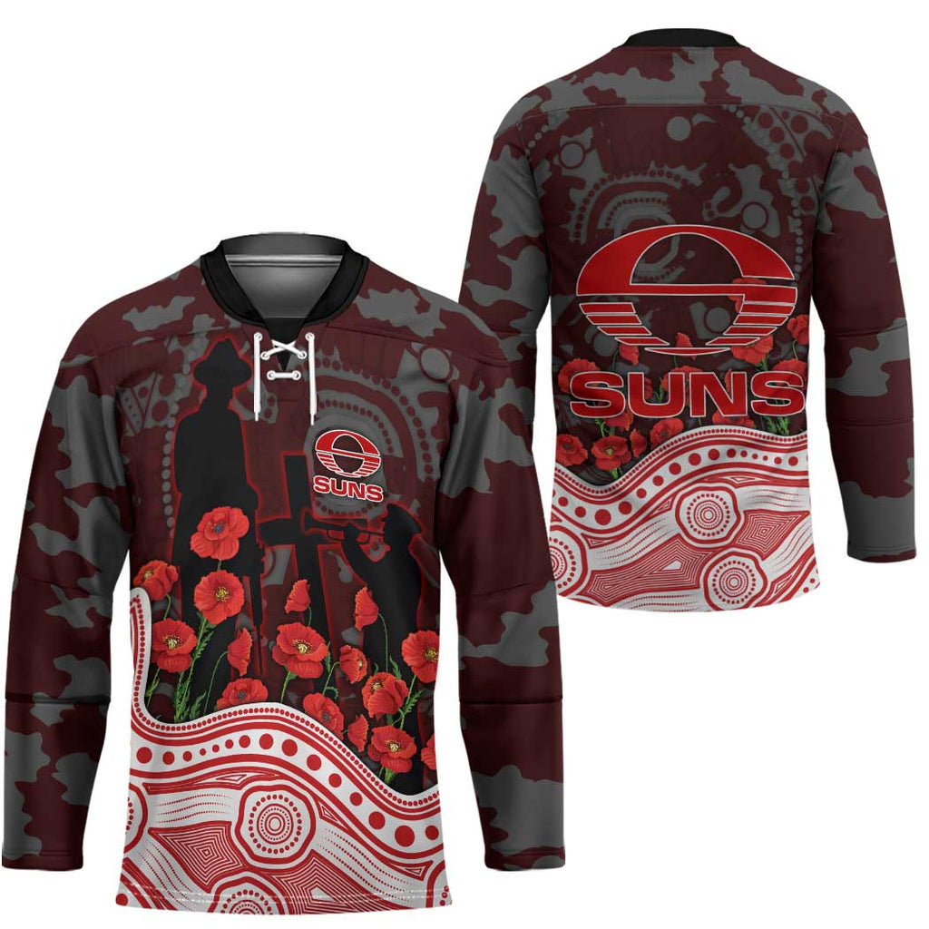 Gold Coast Suns ANZAC Day Hockey Jersey Indigenous Dot Art with Poppy Flower Tribute