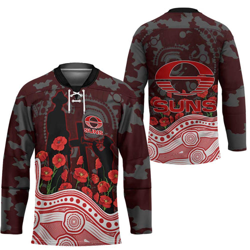 Gold Coast Suns ANZAC Day Hockey Jersey Indigenous Dot Art with Poppy Flower Tribute