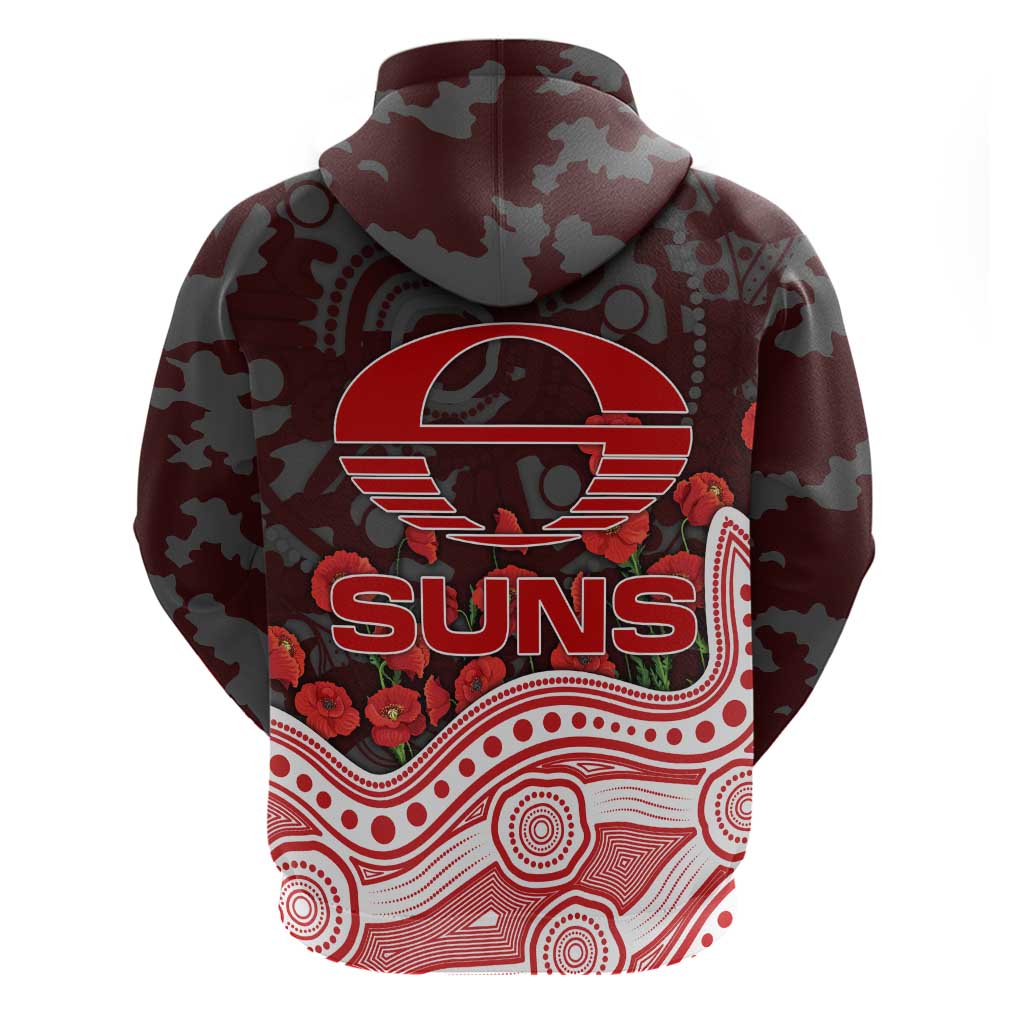 Gold Coast Suns ANZAC Day Hoodie Indigenous Dot Art with Poppy Flower Tribute