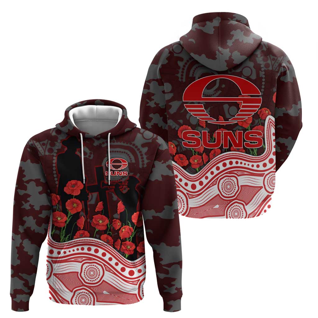 Gold Coast Suns ANZAC Day Hoodie Indigenous Dot Art with Poppy Flower Tribute