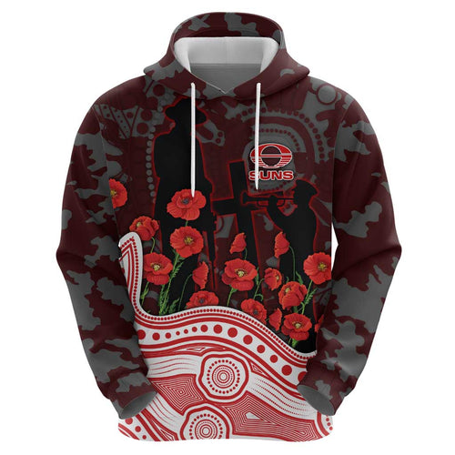 Gold Coast Suns ANZAC Day Hoodie Indigenous Dot Art with Poppy Flower Tribute