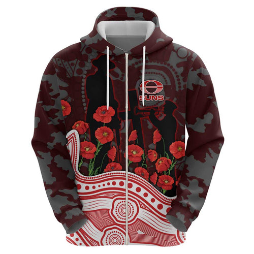 Gold Coast Suns ANZAC Day Hoodie Indigenous Dot Art with Poppy Flower Tribute