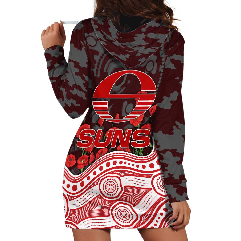 Gold Coast Suns ANZAC Day Hoodie Dress Indigenous Dot Art with Poppy Flower Tribute