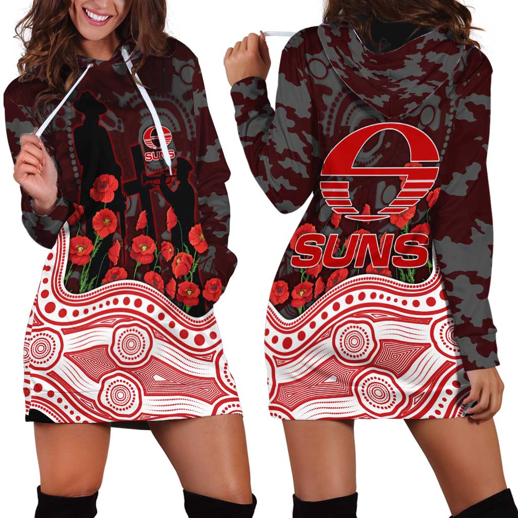 Gold Coast Suns ANZAC Day Hoodie Dress Indigenous Dot Art with Poppy Flower Tribute