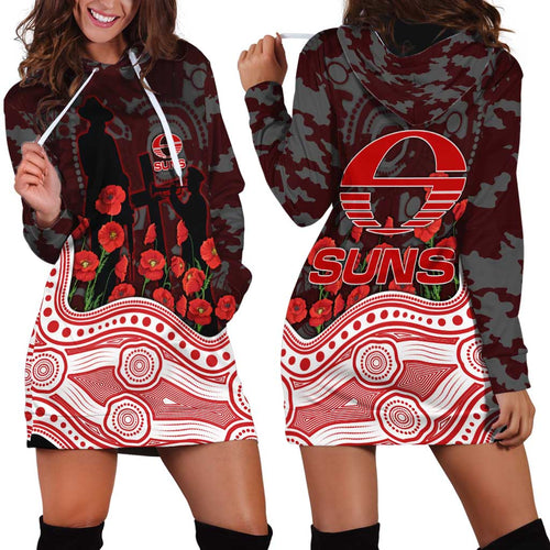 Gold Coast Suns ANZAC Day Hoodie Dress Indigenous Dot Art with Poppy Flower Tribute