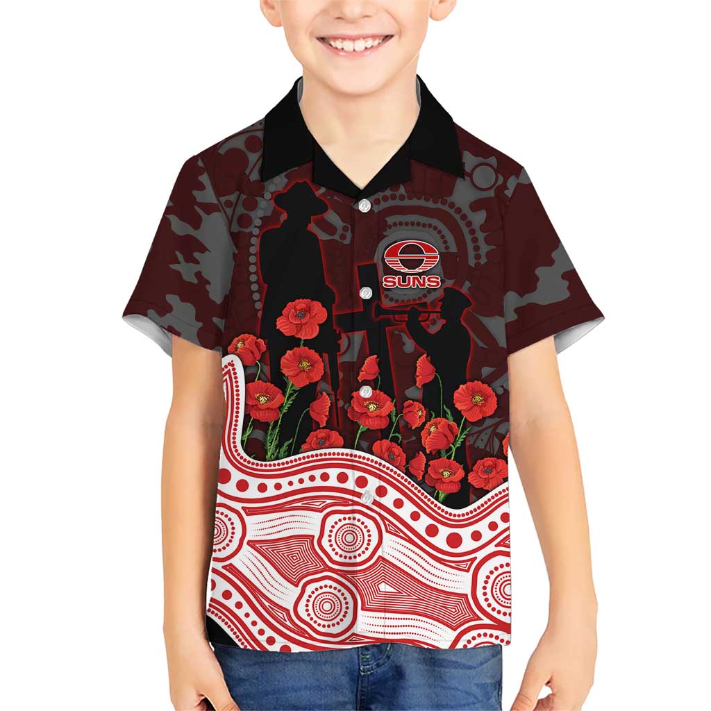 Gold Coast Suns ANZAC Day Kid Hawaiian Shirt Indigenous Dot Art with Poppy Flower Tribute