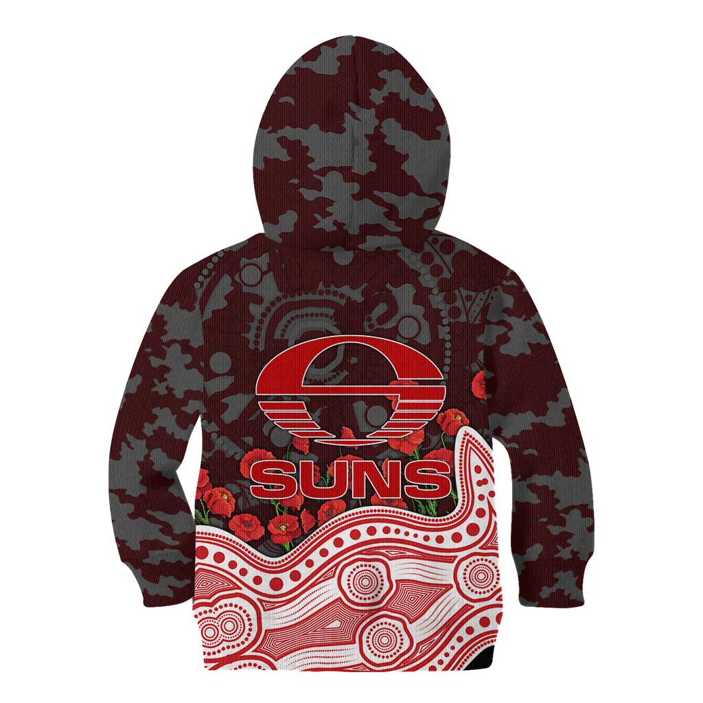 Gold Coast Suns ANZAC Day Kid Hoodie Indigenous Dot Art with Poppy Flower Tribute