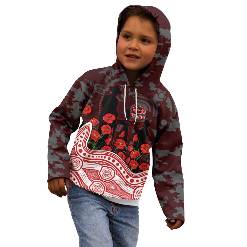 Gold Coast Suns ANZAC Day Kid Hoodie Indigenous Dot Art with Poppy Flower Tribute