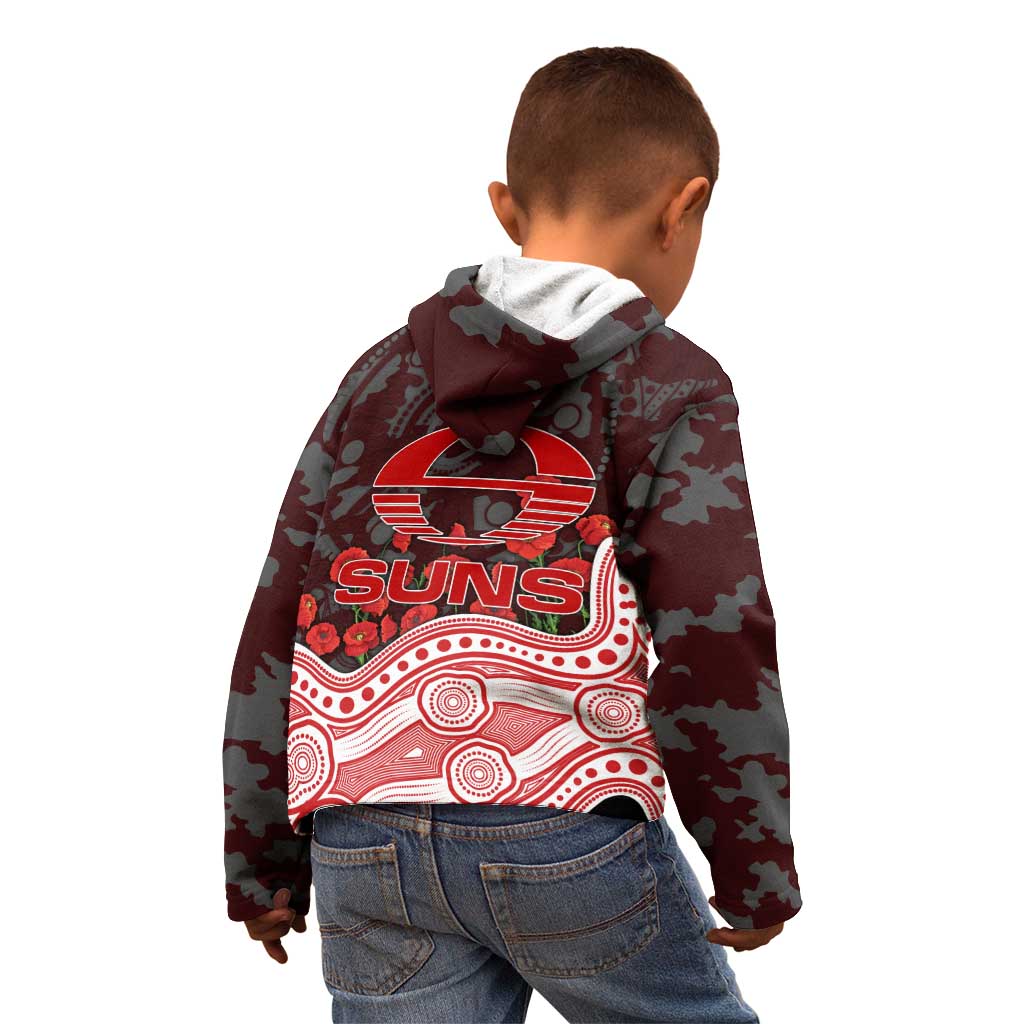 Gold Coast Suns ANZAC Day Kid Hoodie Indigenous Dot Art with Poppy Flower Tribute