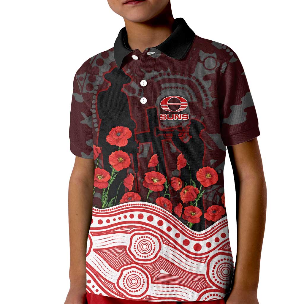 Gold Coast Suns ANZAC Day Kid Polo Shirt Indigenous Dot Art with Poppy Flower Tribute