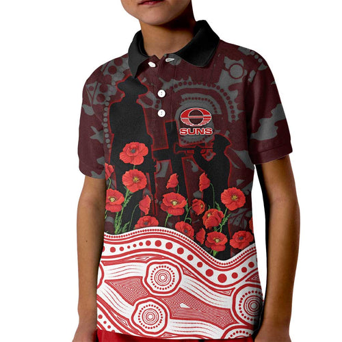 Gold Coast Suns ANZAC Day Kid Polo Shirt Indigenous Dot Art with Poppy Flower Tribute