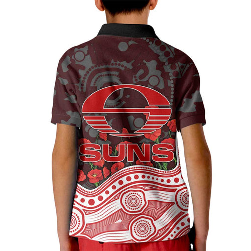 Gold Coast Suns ANZAC Day Kid Polo Shirt Indigenous Dot Art with Poppy Flower Tribute