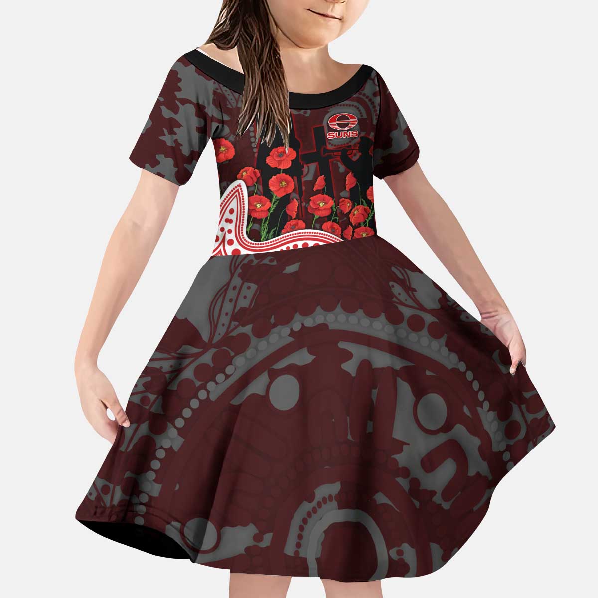Gold Coast Suns ANZAC Day Kid Short Sleeve Dress Indigenous Dot Art with Poppy Flower Tribute