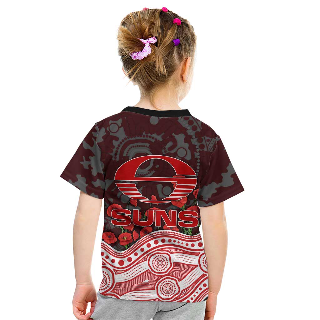 Gold Coast Suns ANZAC Day Kid T Shirt Indigenous Dot Art with Poppy Flower Tribute