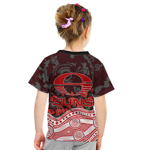 Gold Coast Suns ANZAC Day Kid T Shirt Indigenous Dot Art with Poppy Flower Tribute