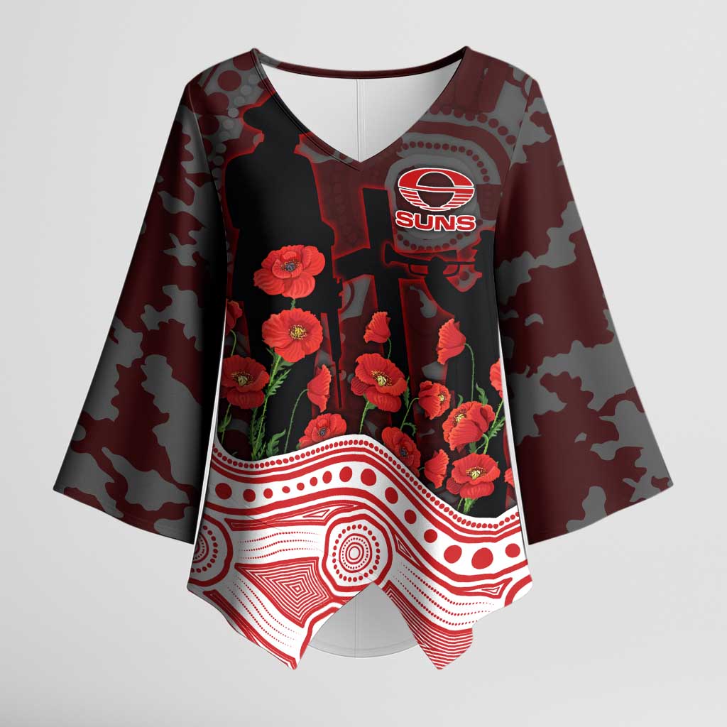 Gold Coast Suns ANZAC Day Kimono Sleeve Blouse Indigenous Dot Art with Poppy Flower Tribute