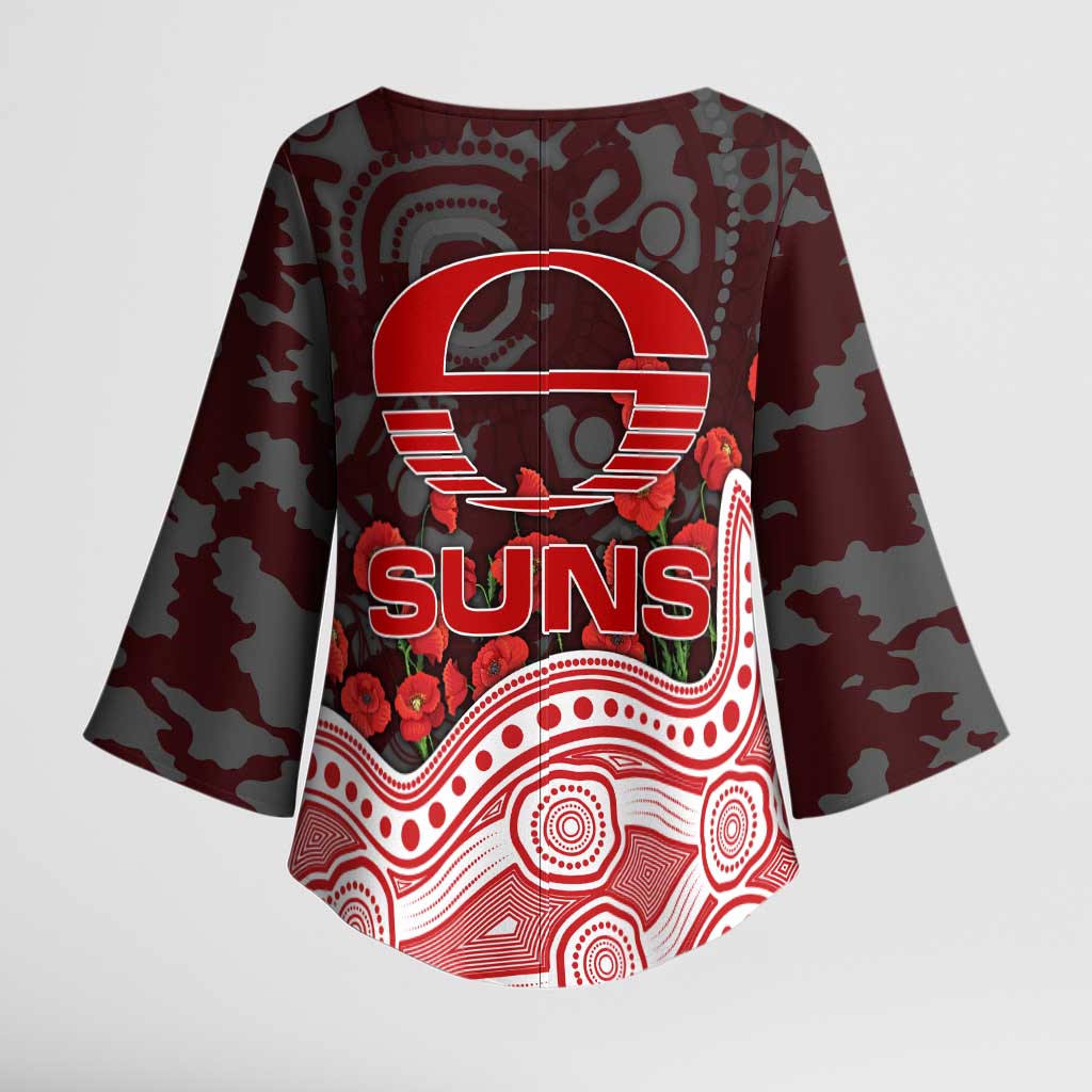 Gold Coast Suns ANZAC Day Kimono Sleeve Blouse Indigenous Dot Art with Poppy Flower Tribute