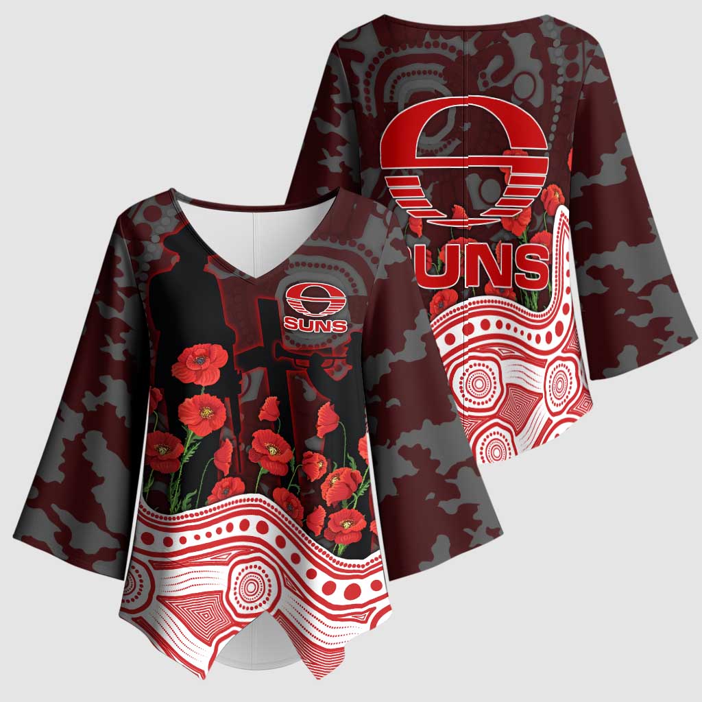 Gold Coast Suns ANZAC Day Kimono Sleeve Blouse Indigenous Dot Art with Poppy Flower Tribute