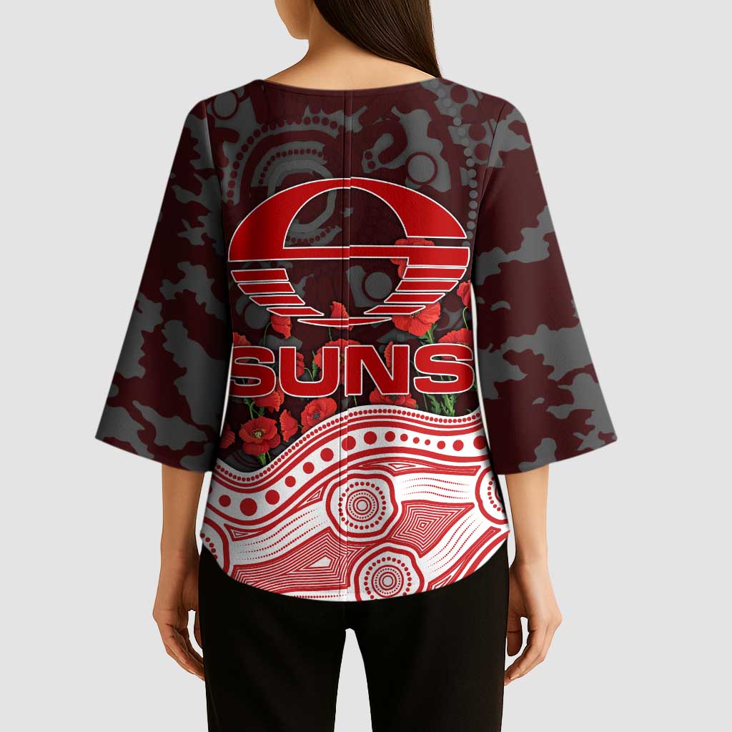 Gold Coast Suns ANZAC Day Kimono Sleeve Blouse Indigenous Dot Art with Poppy Flower Tribute