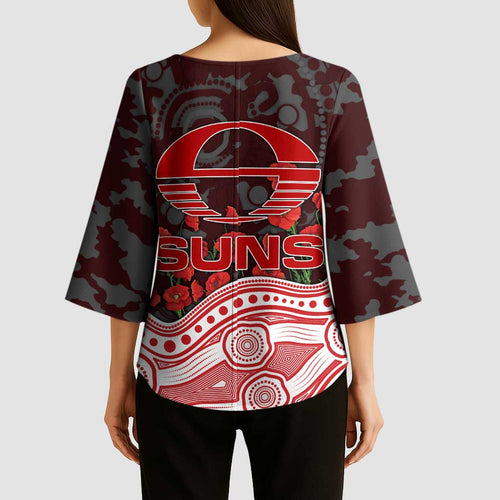 Gold Coast Suns ANZAC Day Kimono Sleeve Blouse Indigenous Dot Art with Poppy Flower Tribute