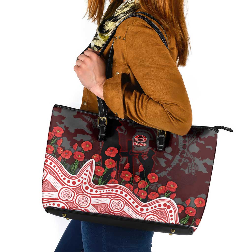 Gold Coast Suns ANZAC Day Leather Tote Bag Indigenous Dot Art with Poppy Flower Tribute