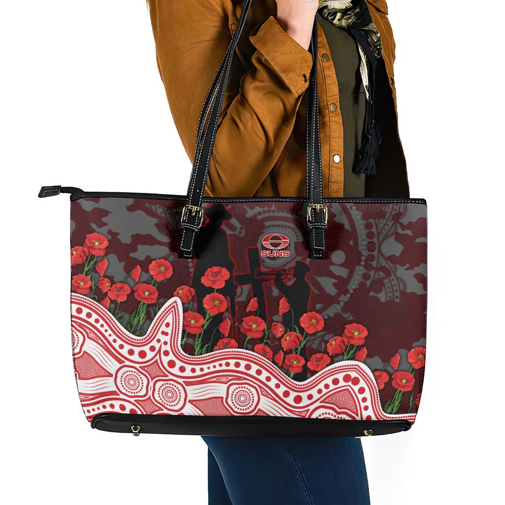 Gold Coast Suns ANZAC Day Leather Tote Bag Indigenous Dot Art with Poppy Flower Tribute