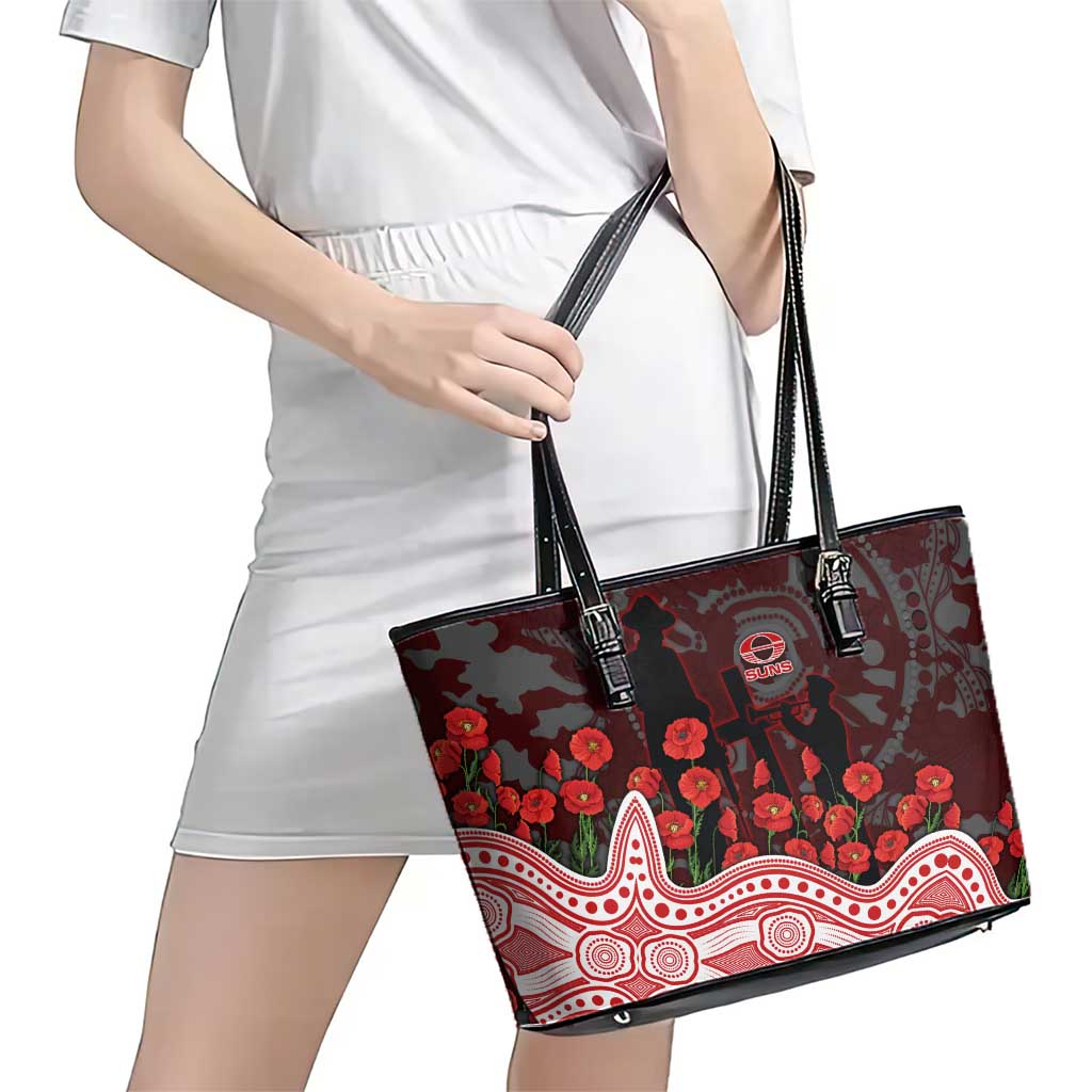Gold Coast Suns ANZAC Day Leather Tote Bag Indigenous Dot Art with Poppy Flower Tribute