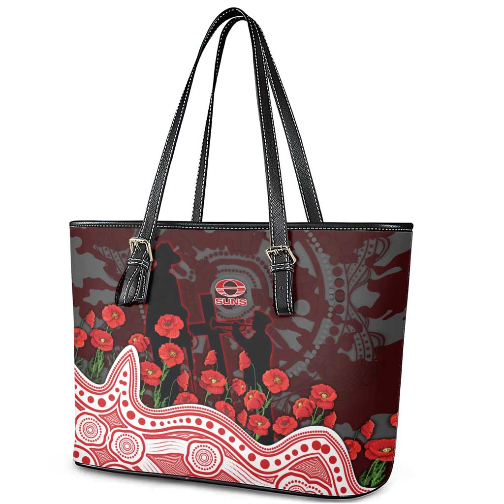Gold Coast Suns ANZAC Day Leather Tote Bag Indigenous Dot Art with Poppy Flower Tribute