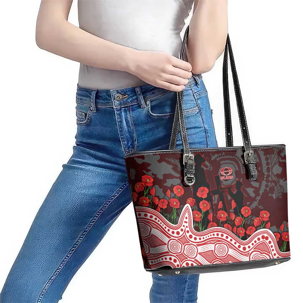 Gold Coast Suns ANZAC Day Leather Tote Bag Indigenous Dot Art with Poppy Flower Tribute