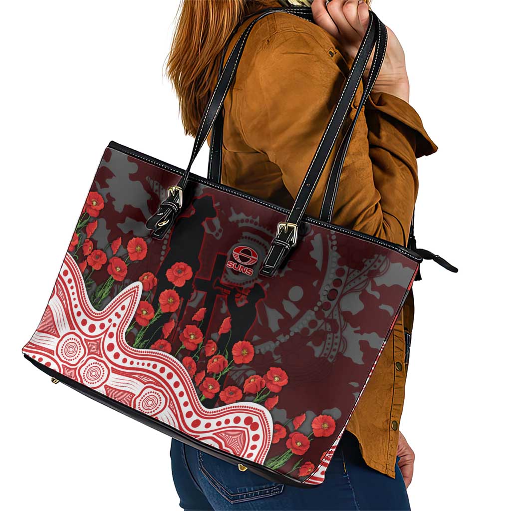 Gold Coast Suns ANZAC Day Leather Tote Bag Indigenous Dot Art with Poppy Flower Tribute
