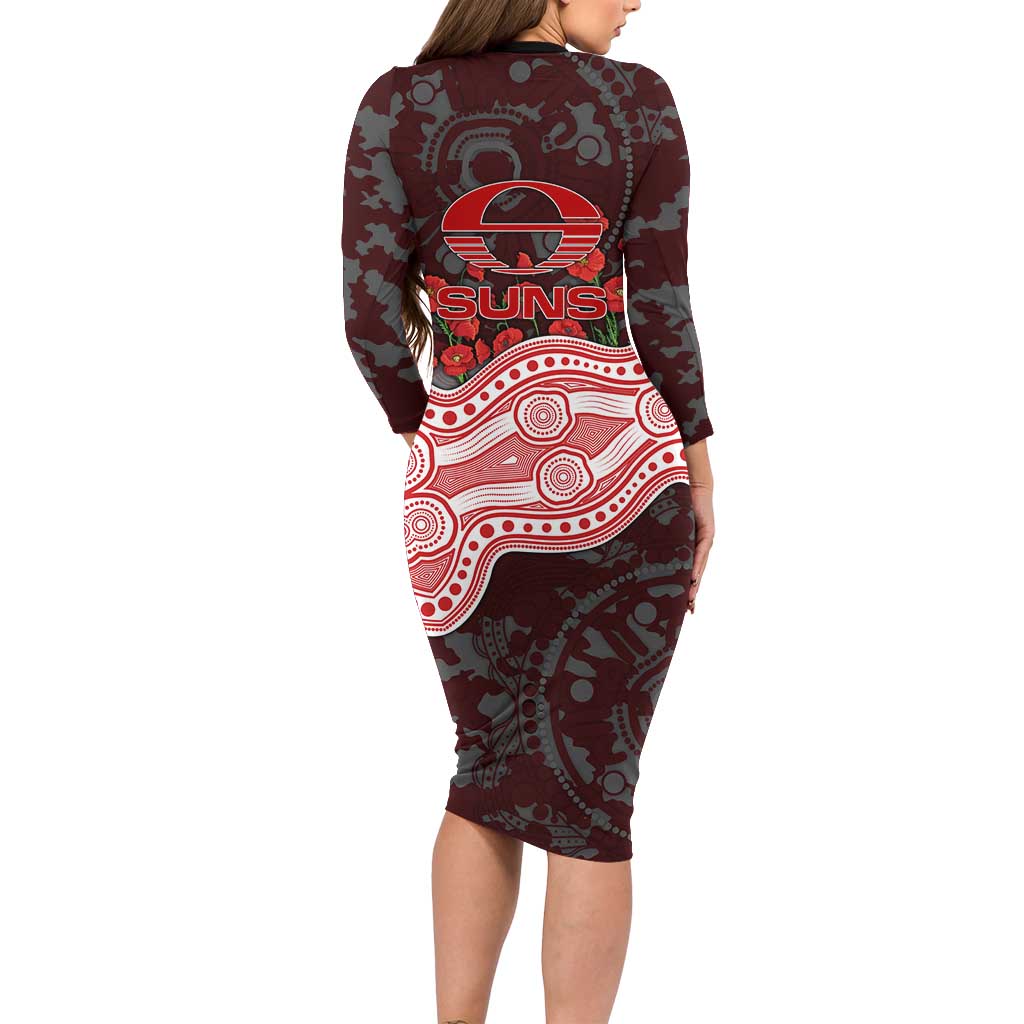 Gold Coast Suns ANZAC Day Long Sleeve Bodycon Dress Indigenous Dot Art with Poppy Flower Tribute