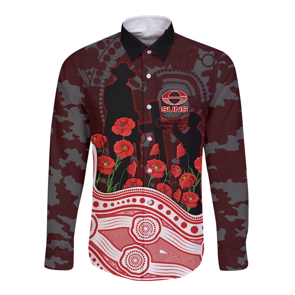 Gold Coast Suns ANZAC Day Long Sleeve Button Shirt Indigenous Dot Art with Poppy Flower Tribute