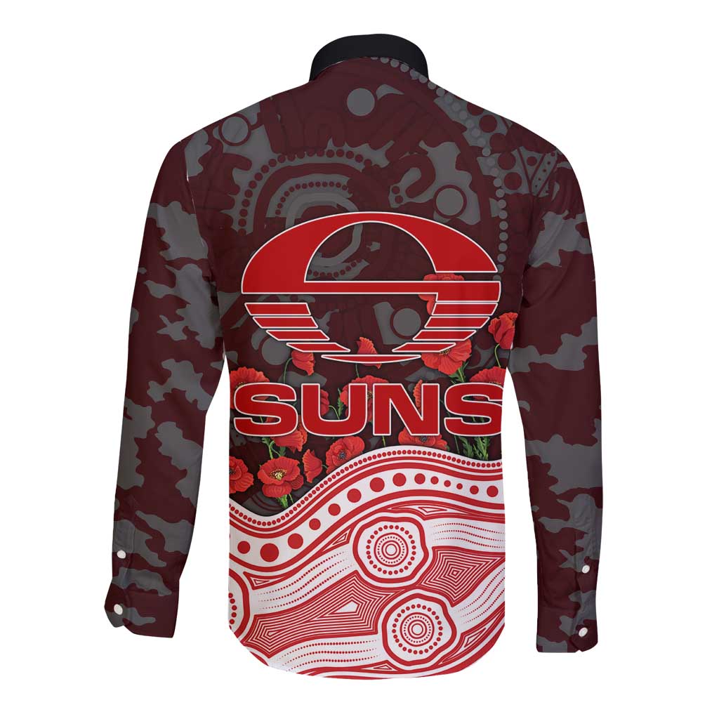 Gold Coast Suns ANZAC Day Long Sleeve Button Shirt Indigenous Dot Art with Poppy Flower Tribute