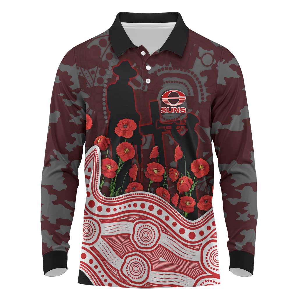 Gold Coast Suns ANZAC Day Long Sleeve Polo Shirt Indigenous Dot Art with Poppy Flower Tribute