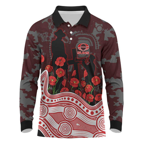 Gold Coast Suns ANZAC Day Long Sleeve Polo Shirt Indigenous Dot Art with Poppy Flower Tribute