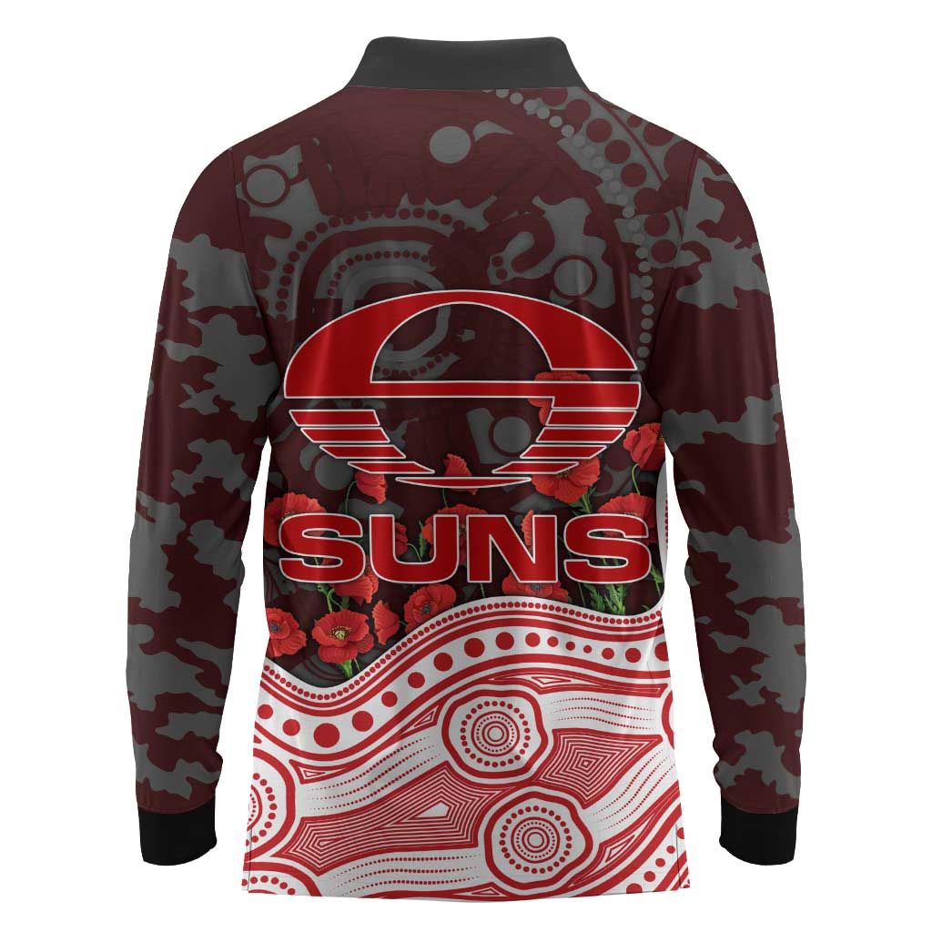 Gold Coast Suns ANZAC Day Long Sleeve Polo Shirt Indigenous Dot Art with Poppy Flower Tribute