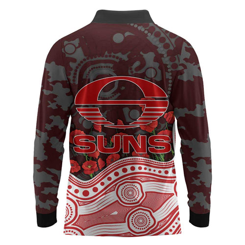 Gold Coast Suns ANZAC Day Long Sleeve Polo Shirt Indigenous Dot Art with Poppy Flower Tribute