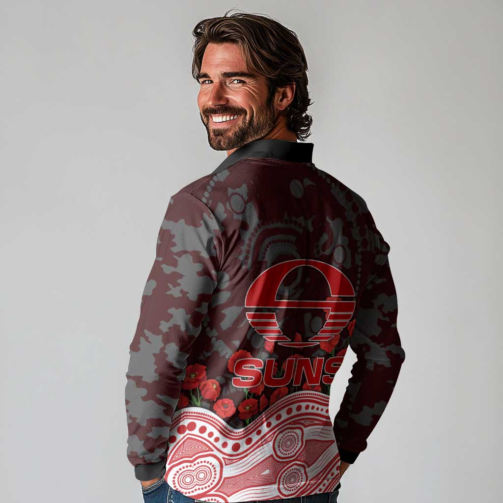 Gold Coast Suns ANZAC Day Long Sleeve Polo Shirt Indigenous Dot Art with Poppy Flower Tribute